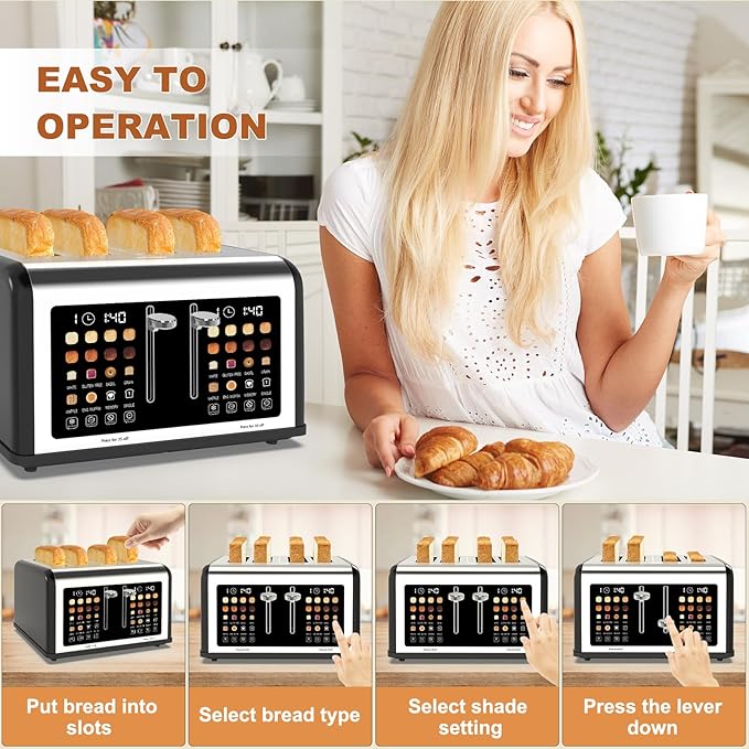 4 Slice Toaster Touch Screen, Stainless Steel Toasters Digital Timer, Dual Control Panel Toasters, 8 Shade Settings 6 Bread Types for Bagel, Cancel, Defrost 1650W Black