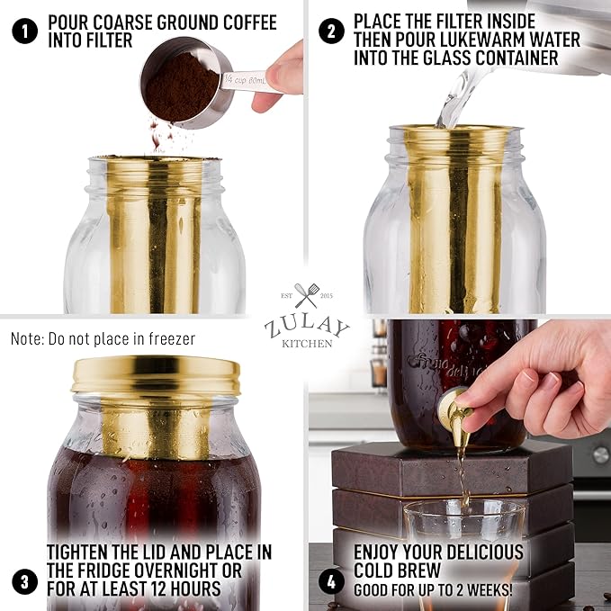 Zulay Kitchen 1.5 Liter Cold Brew Coffee Maker with EXTRA-THICK Glass Carafe & Stainless Steel Mesh Filter - Premium Iced Coffee Maker, Cold Brew Pitcher & Tea Infuser (Gold)