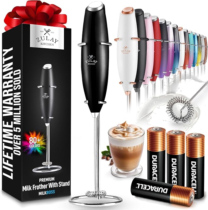 Zulay Kitchen Powerful Milk Frother Wand With 4 AA Duracell Batteries - Ultra Fast Handheld Drink Mixer - Electric Whisk Foam Maker for Coffee, Lattes, Cappuccino, Matcha & Creamer