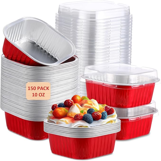 Aoriher 150 Pieces 10 oz Mini Cake Pans with Lids Aluminum Foil Baking Cups Square Disposable 4" x 4" Large Cupcake Cups Baking Tins for Kitchen Brownie Pudding Desserts Holders(Red)