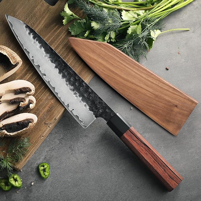HEZHEN- 8.5 inch Chef Knife,3 Layers High Carbon Composite Forging Steel,Razor Sharp Kitchen Knife, Redwood Octagonal Handle With Wooden Knife Sheath with Premium Gift Box