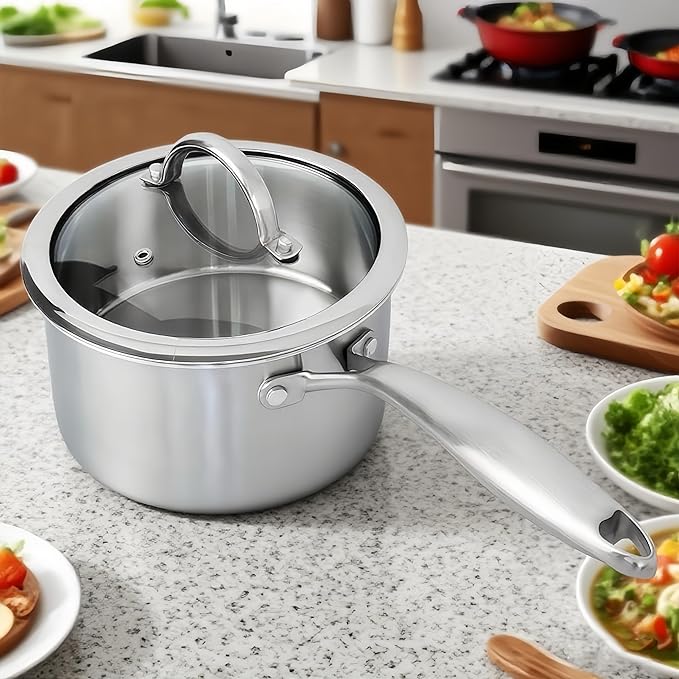 Stainless Steel Small Brushed Saucepan With Lid, Induction Cooking Sauce Pot Pans, 18/10Tri-Ply Heavy Bottom Saucier Cookware, Dishwasher Safe & Oven Safe (2.5QT)