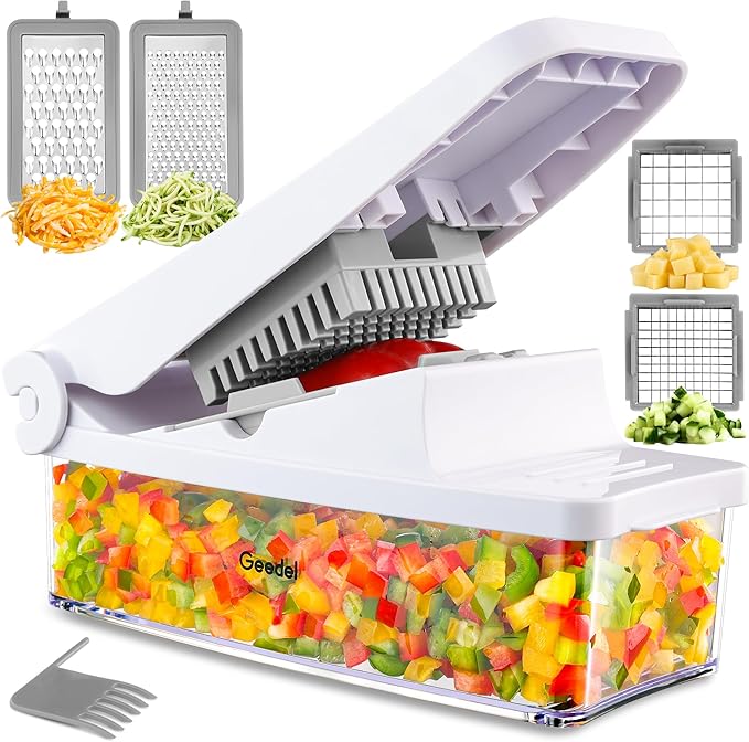 Geedel Vegetable Cutter, Onion Cutter Pro Food Chopper, Kitchen Vegetable Slicer Dicer Cutter Grater, Veggie Chopper with container for Salad Onion Potato Carrot (4 in 1, White)