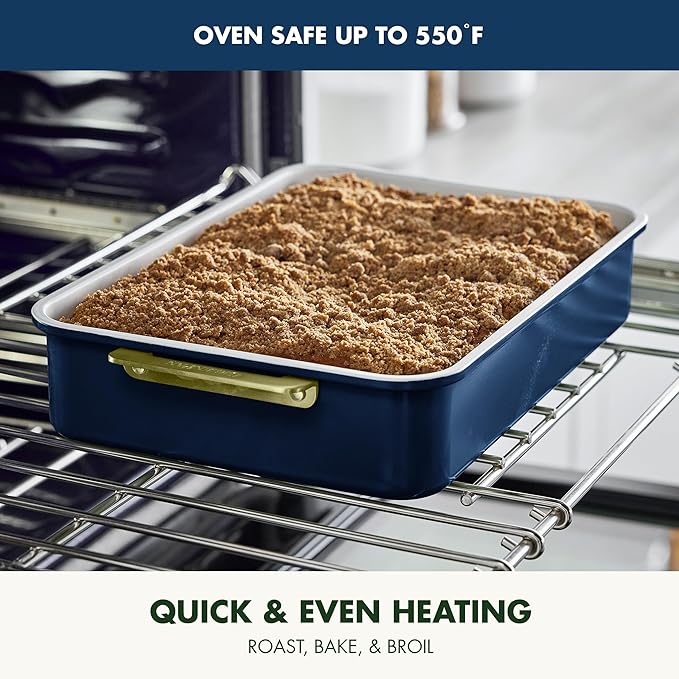 GreenPan Bakeware Rectangular Cake Pan, Ceramic Nonstick Baking Pan, PFAS & BPA Free, Gold Handles, Durable Steel, Freezer to Oven Dish, Scratch Resistant, Bake & Roast Ovenware, Oxford Blue