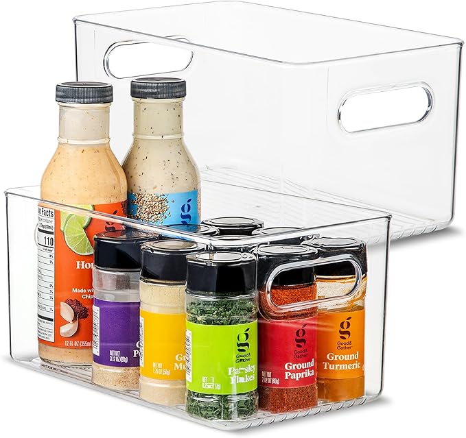 Plastic Food Storage 2 Pack Clear Container Bin with Handles for Organizing Kitchen, Pantry, Refrigerator, Freezer, Pantry, Cabinet, Closet, Bathroom. 10”x6”x5”
