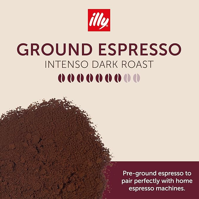 Illy Ground Espresso Coffee, Intenso Bold Roast - Bold & Flavorful - 100% Arabica - Pre-Ground for Espresso - Pressurized Packaging Sealed for Freshness - 8.8oz - (Pack of 12)