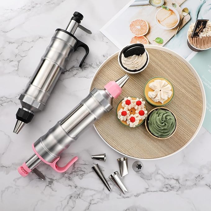 Uiifan 2 Sets Icing Decoration Gun Set Dessert Decorating Decorator Syringe Cake Decorating Tool and 12 Pcs Russian Piping Icing Nozzles Cupcake Filling Injector Cake Tool for Baking(Pink, Black)
