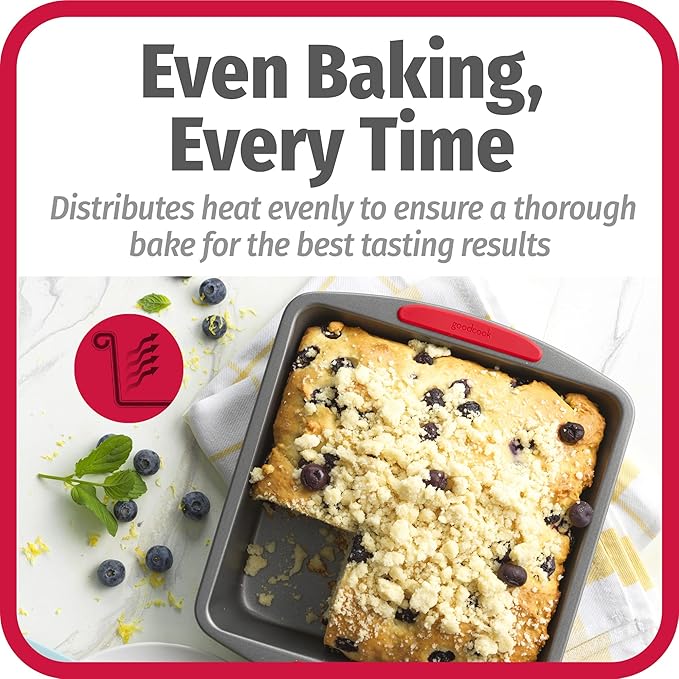 GoodCook MegaGrip Baking Pan with Silicone Grip Handles Square Non-Stick Heavy-Gauge Steel Cake Pan Baking Dish for Brownies Bread Cake Baked Goods & More, Dishwasher Safe, 8x8-Inch,