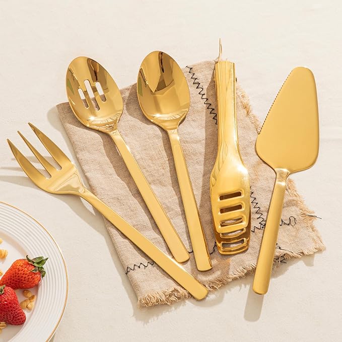 KINGSTONE Large Hostess Gold Serving Utensils Set,18/10 Stainless Steel Heavy Duty 10inch Serving Spoons,Slotted Spoons,Serving Fork,Serving Tongs, Cake Pie Server For Buffet, Wedding, Party