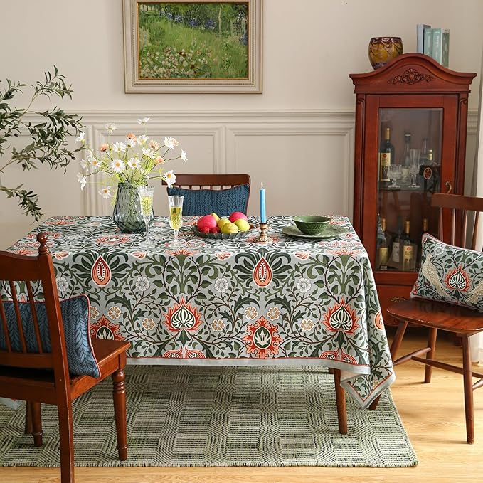 ISAENNE Designer Bohemian Linen Green Long Tablecloth Rectangle,Floral Indoor Table Cloth,Stain Resistant Decor Tablecloths for Dining Thanksgiving Kitchen Party Christmas,63"*102"-Naples