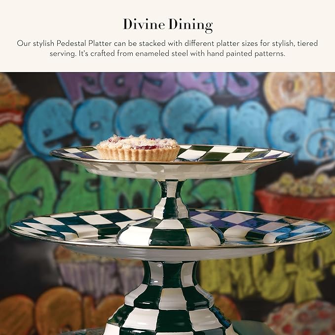 MACKENZIE-CHILDS Enamel Pedestal Serving Platter, Decorative Serving Dish for Food, Small, Black-and-White Courtly Check