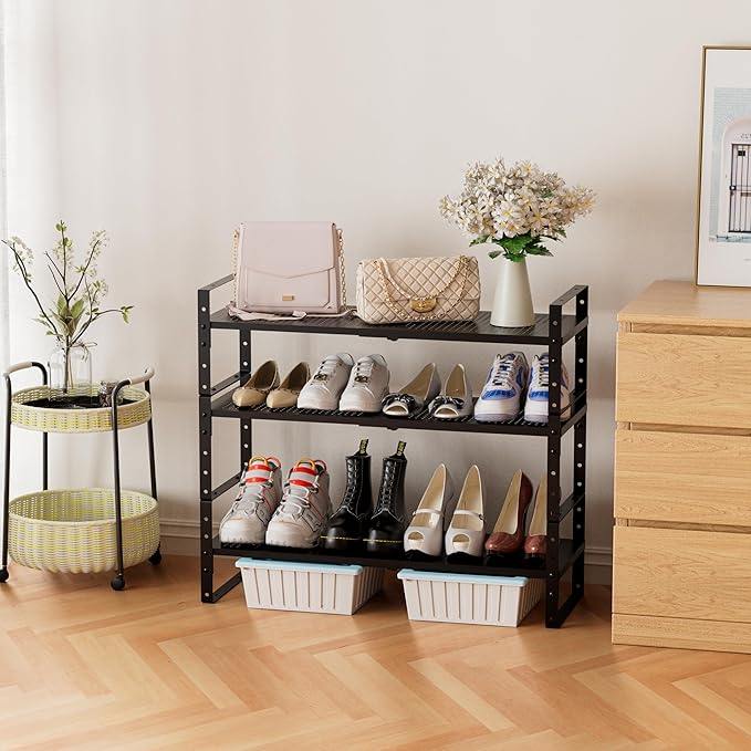 Expandable Stackable Aadjustable Shoe Rack Pantry Shelf for Kitchen Cabinets Counter Shelves Countertop Cupboard Storage Solution,Sturdy Heavy-Duty Metal Construction(3Packs/Black/Medium)