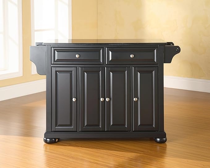 Crosley Furniture Alexandria Granite Top Rolling Kitchen Island Storage Cart, Microwave Stand, Spice Rack, Black