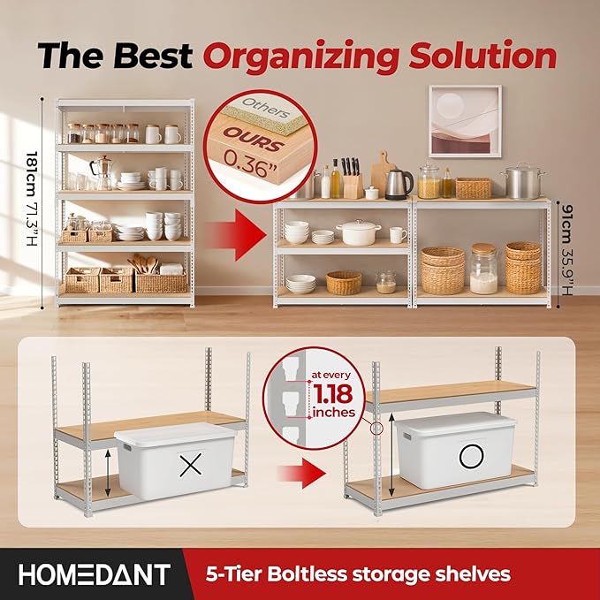 HOMEDANT White 5 Tier Laminated Boltless Heavy Duty Garage Storage Adjustable Wide Size Metal Shelving Unit Utility Rack Shelves Organization Shelf Shed Warehouse 47.7" W x 18.2" D x 71.3" H 3Pack