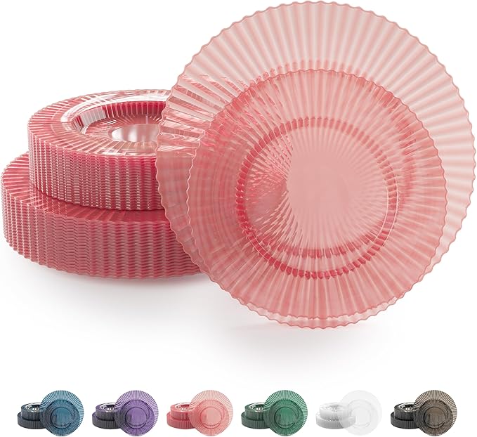 Exquisite 80 Piece Plastic Disposable Plates Set For 40 Guests I 20 X 9 Inch & 40 X 11 Inch Disposable Plastic Plates | Color: Pink | Great for Weddings Parties And Formal Occasions