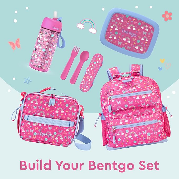 Bentgo Kids Lunch Bag - Double-Insulated, Reusable Lunch Bag for Kids 3+ with Adjustable Strap; Holds Lunch Box/Water Bottle/Snacks; Easy-Clean, Water-Resistant & Pockets (Rainbows & Butterflies)