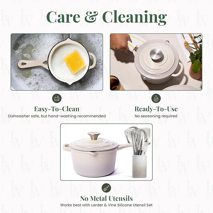 Larder & Vine Enameled Cast Iron Saucepan | 2.2 qt Sauce Pan with Lid | Saucepan with Pour Spouts | Enameled Cast Iron Pot Compatible on All Cooktops & Oven Safe to 500° F | Stone