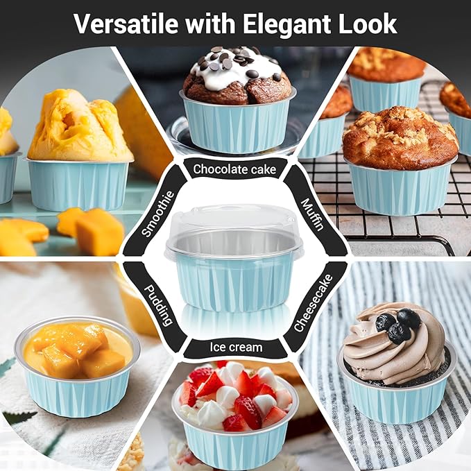 EUSOAR Disposable Ramekins with Lids, Lake Blue 25Packs 5oz Aluminum Foil Mini Muffin Liners, Dessert Cheesecake Pan Creme Brulee Cupcake Ramekins Containers for Catering Gathering Club Wedding Party