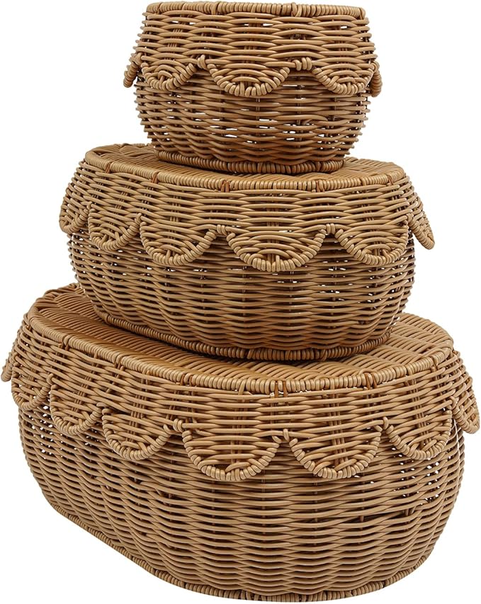 3 Pcs Wicker Storage Baskets with Lid Hand Woven Plastic Wicker Set Round Scalloped Organizer Box Natural Woven Storage Bins for Picnic,Bread,Eggs,Fruits