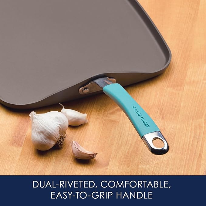 Rachael Ray Cucina Hard Anodized Nonstick Griddle Pan/Flat Grill, 11 Inch, Gray with Agave Blue Handle
