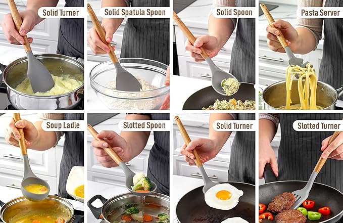 Zulay Kitchen Utensils Set Non-Stick Silicone Cooking Utensils Set with Authentic Acacia Wood Handles - 8 Piece Set - Silicone Kitchen Utensils Set with 464°F Heat Resistance - Gray
