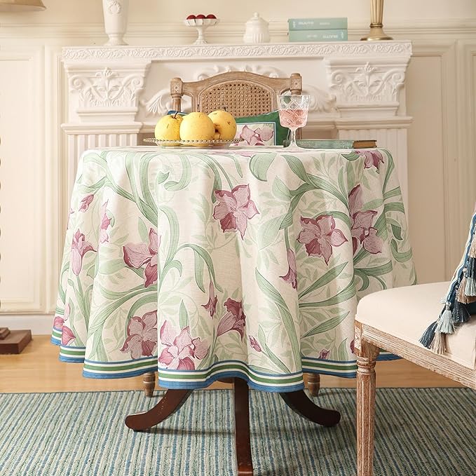 patdrea Designer Vintage Green Tablecloth for Round Table,Framhouse Linen Violets Pattern Tablecloths,Floral Table Cover Decor for Kitchen Dining Christmas,Thanksgiving,Diameter 67"-Tara a
