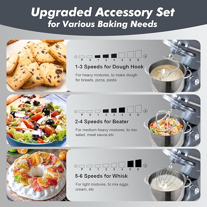 Aucma Stand Mixer, 900W 8QT Large Kitchen Mixer, Kitchen Electric Mixers with Dough Hook, Wire Whip & Beater (Gray, 8QT)