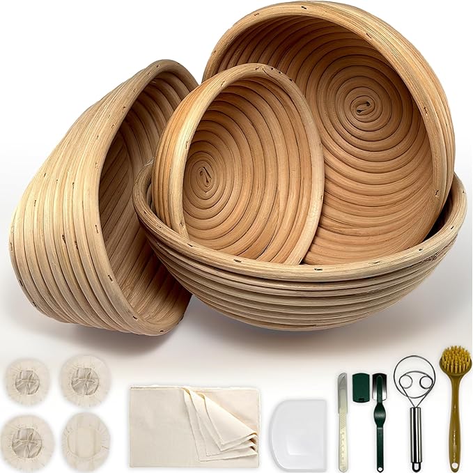 Natural Unbleached Banneton, Sourdough Bread Proofing Basket Kit, 6,8,9,10 Inch Basket with BreadMaking Baking Supplies Tools, Banneton Basket Gift Set - Primary Color