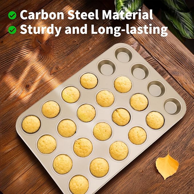 Beasea Mini Muffin Pan 24 Cups Nonstick, 1 Pack 24 Mini Small Cup Non Stick Muffin Baking Pan Tin Tray Carbon Steel Bakeware Individual Cupcake Baking Pan - Gold