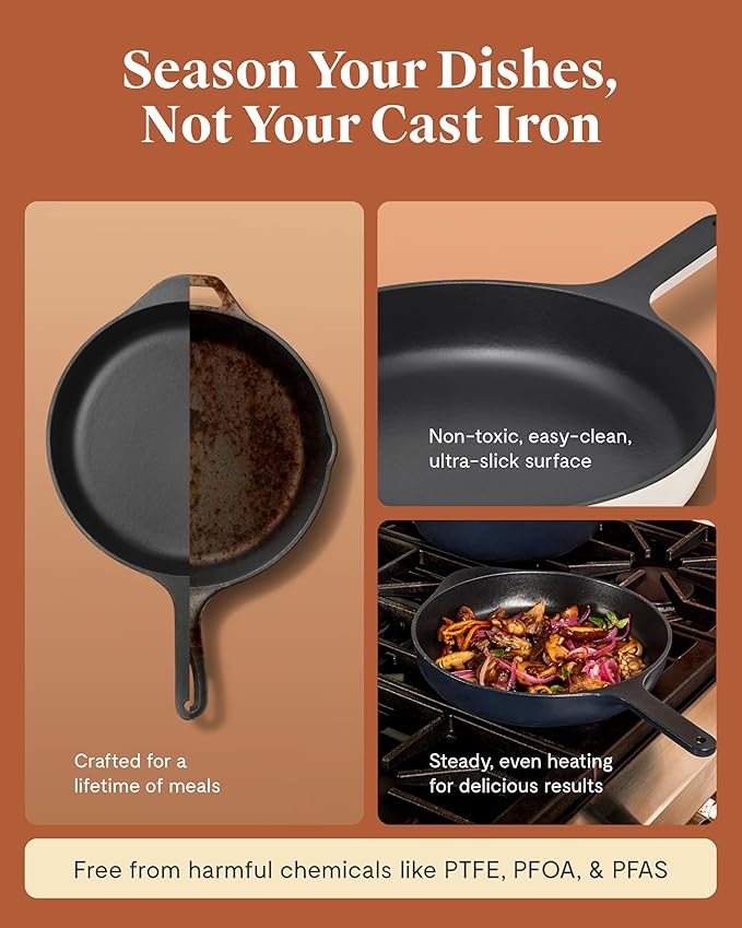 Caraway Cast Iron Skillet - 10.5” Enameled Cast Iron Pan With 3 Layer Enamel Coating - No Seasoning Required - Compatible With All Stovetops - Free From Forever Chemicals - Rust