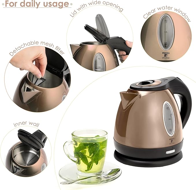 Moss & Stone 1.2L Stainless Steel Small Electric Kettle, Cordless 1500w Fast Boiling Pot, Portable Hot Water Electric Tea Kettle With Boil Dry Protection & Auto Shut-Off (Champagne)
