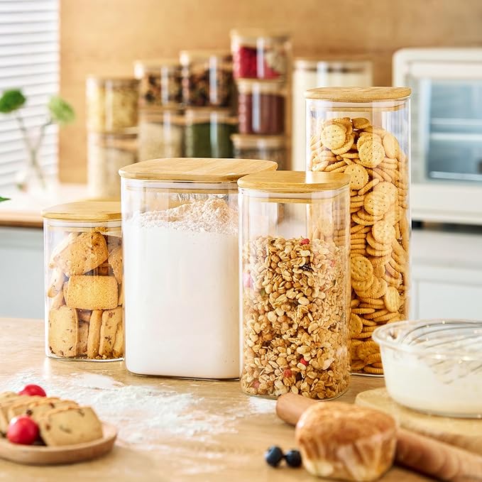 57oz - 3 Pack Square Glass Jars with Bamboo Lids, Glass Food Storage Containers with Airtight Lids for Kitchen, Air Tight Pantry Storage Containers for Cereal, Pasta, Rice, Sugar, Coffee, Spice