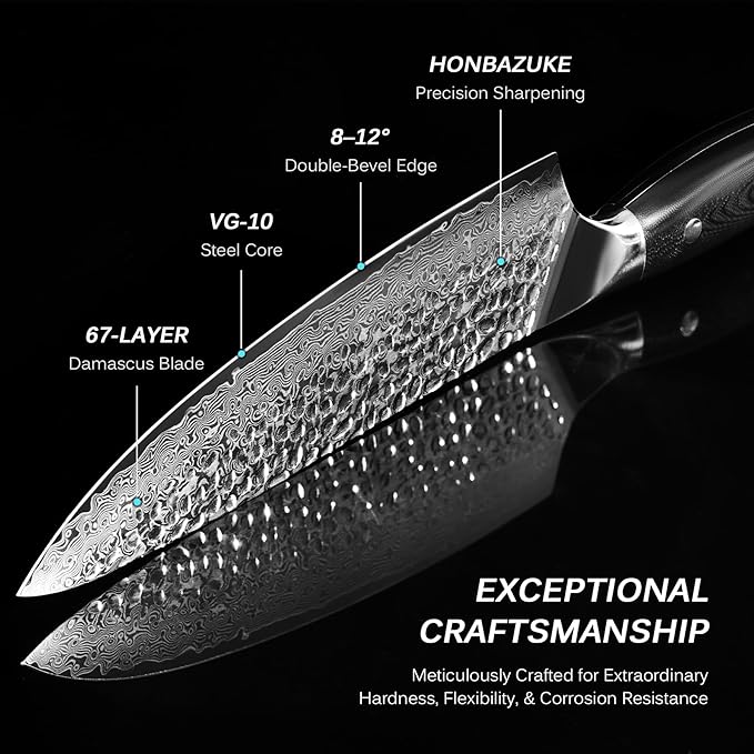 KYOKU Chef Knife - 8"- Shogun Series Japanese VG10 Steel Core Hammered Damascus Blade Kitchen Knife - with Sheath & Case