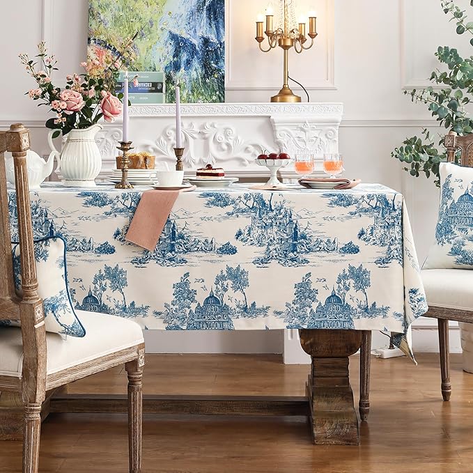 patdrea Designer Vintage Cyan Extra Long Tablecloth for Rectangle Table,Linen Ancient Castle and Manor Pattern Tablecloths,Decor for Kitchen Dining Christmas,Thanksgiving,63"x110"-Lucerne a