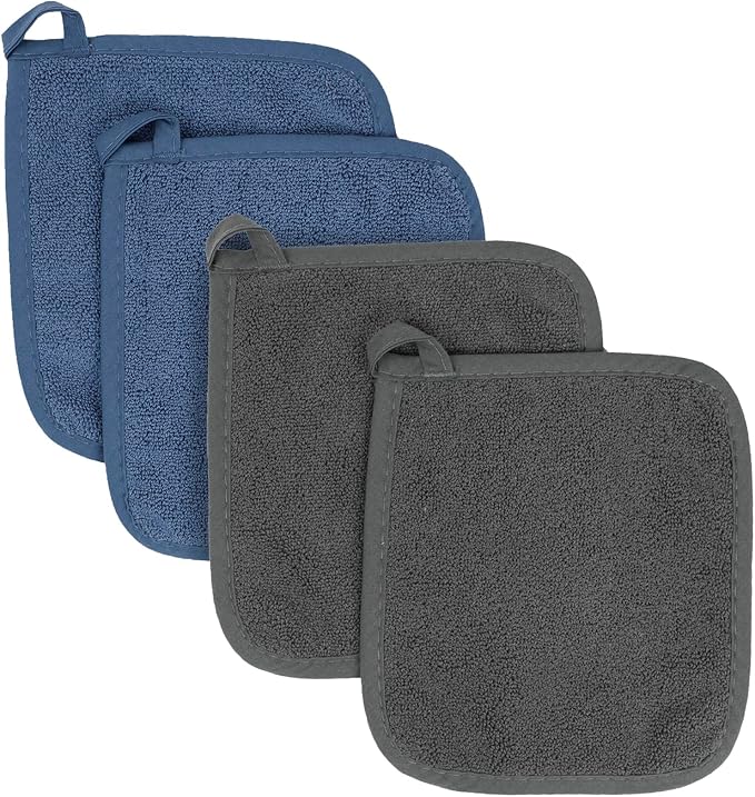 RITZ Terry Potholder & Hot Pad: Unparalleled Heat Resistant, Durable 100% Cotton – Ergonomically Designed for Optimal Grip – Easy-Care Machine Washable – 4-Pack, Federal/Graphite