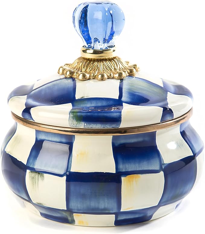 MACKENZIE-CHILDS Enamel Squashed Pot, Cute Enameled Container with Lid, 20 Ounces, Blue-and-White Royal Check