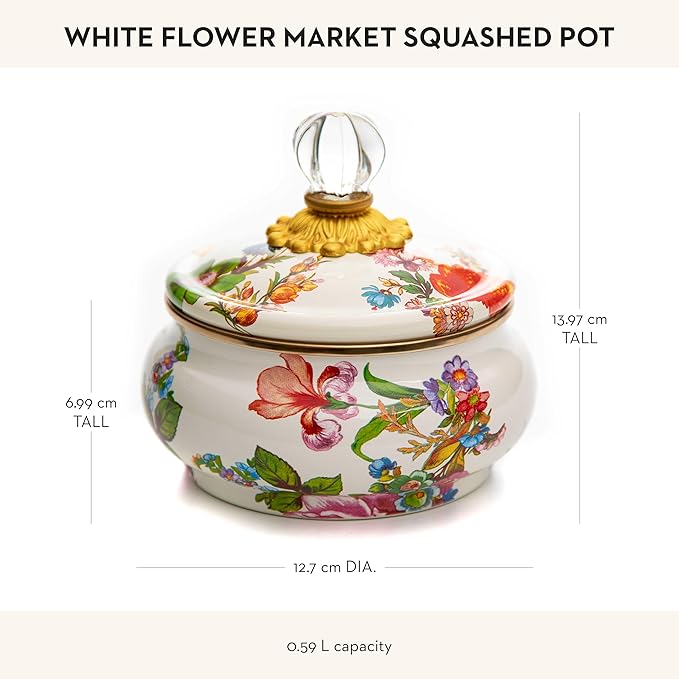 MACKENZIE-CHILDS Enamel Squashed Pot, Cute Enameled Container with Lid, 20 Ounces, White Flower Market