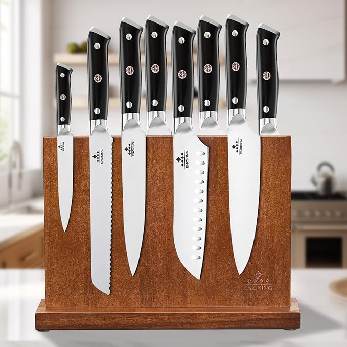 ENOKING Magnetic Knife Block 12.5 x 9 Inches, Double Side Magnetic Knife Holder Built in Three Powerful Magnets Strip, Acacia Wood Universal Knife Storage Organizer for Kitchen Counter
