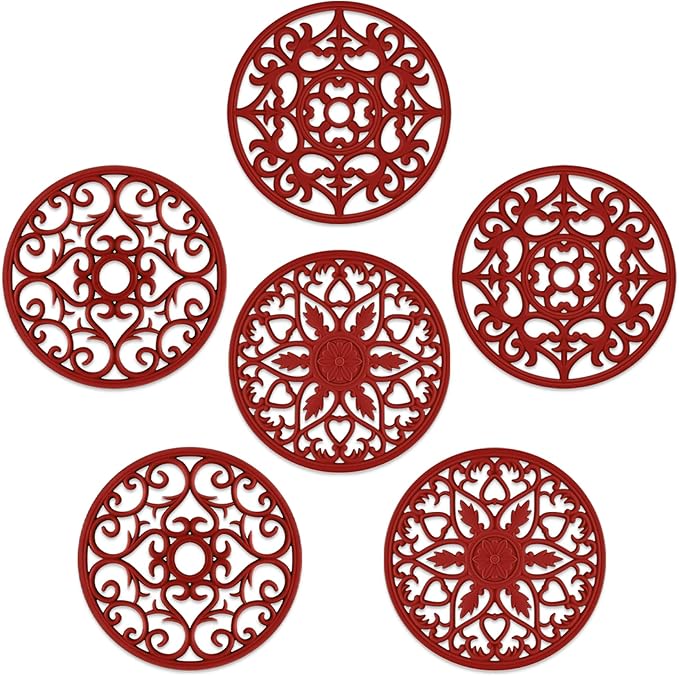 SMARTAKE 6 Set Silicone Trivets, Multi-Use Carved Trivet, Insulated Non-Slip Durable Kitchen Mats, Flexible Modern Kitchen Table Mat, for Hot Dishes, Pots, Dining Countertop, Red