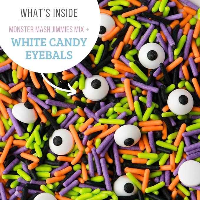 Sweets Indeed Halloween Cookie Cutters with Sprinkle Mix & Candy Eyeballs – 2 oz Sprinkles + 3 Food-Safe Cookie Cutters (Pumpkin, Ghost, Bat) | Halloween Baking & Decorating Kit