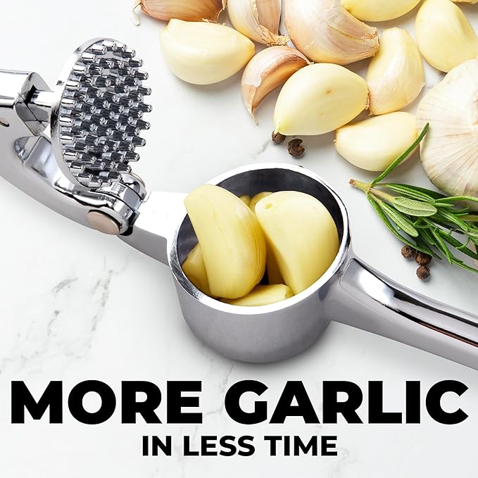 Zulay Kitchen Large Premium Garlic Press Set - Bigger Bowl for Bigger Garlic - Rust Proof & Dishwasher Safe Garlic Mincer Tool - Easy-Squeeze, Easy-Clean Silicone Garlic Peeler & Brush (Chrome)