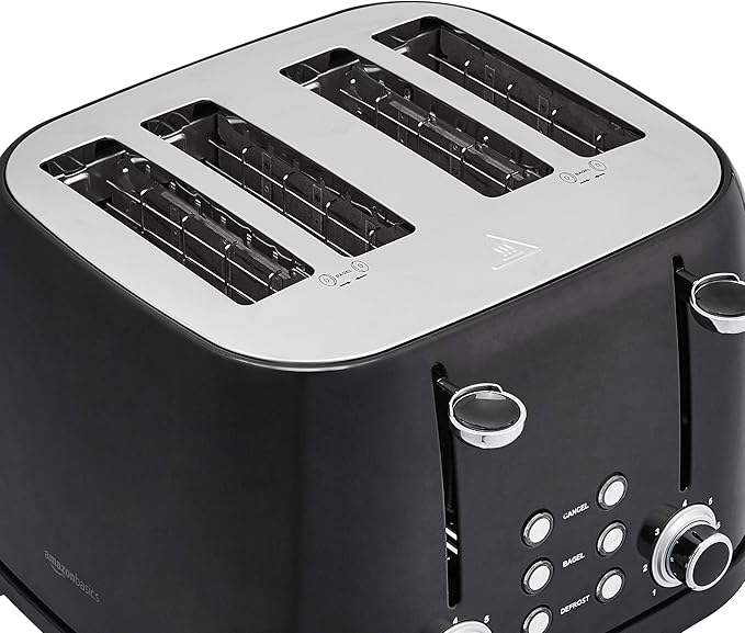 Amazon Basics 4 Slice Toaster, 6 Browning Settings, Removable Crumb Tray, Bagel and Defrost Function, Cancel Button, 1600W, Black