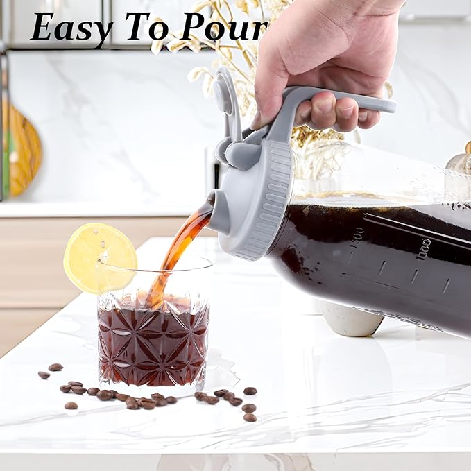 Cold Brew Coffee Maker 64 Oz Mason Jar Cold Brew Pitcher With Strainer 2 Set Half Gallon Wide Mouth Glass Iced Coffee Maker With Spout Lids 2 Quart Glass Pitcher For Fridge, Lemonade, Cold Brew