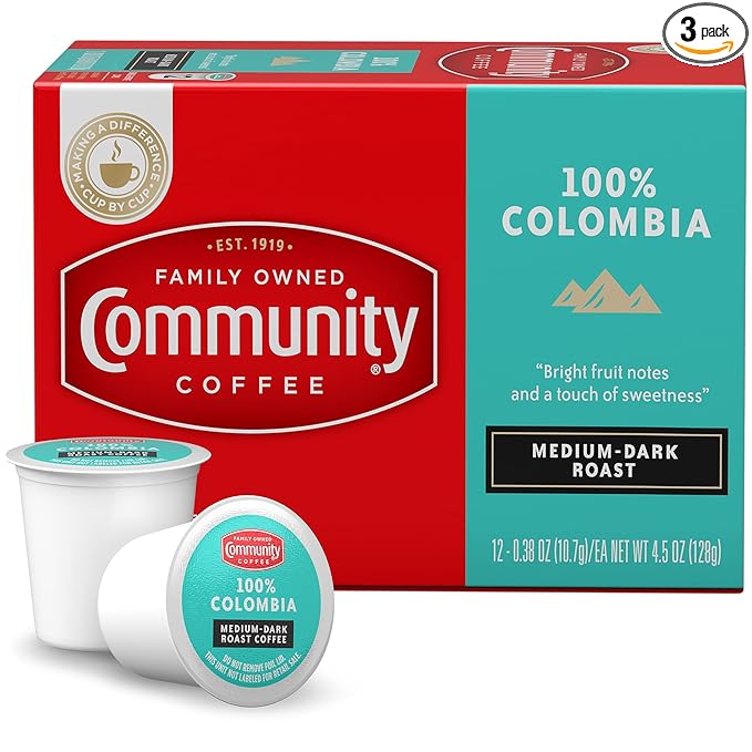 Community Coffee 100% Colombia Coffee Pods, Medium Dark Roast, Compatible with Keurig 2.0 K-Cup Brewers,12 Count (Pack of 3)