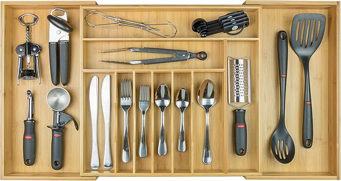 KitchenEdge Premium Silverware, Flatware and Utensil Organizer for Kitchen Drawers, Food-Safe Contract Grade, Expandable from 18 to 33 In, Natural Bamboo