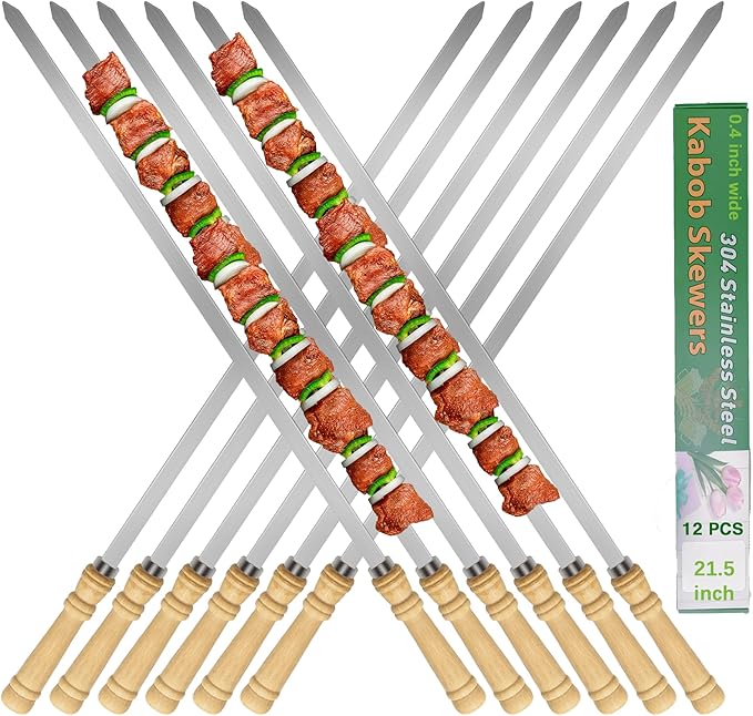 21.5 inch Long Flat Skewers for Kabobs (12 PCS),0.4" Wide 304 Stainless Steel Barbecue Kebab Skewers for Grilling with Wood Handle,Durable for BBQ Metal Kabob Skewer Sticks for Outdoor