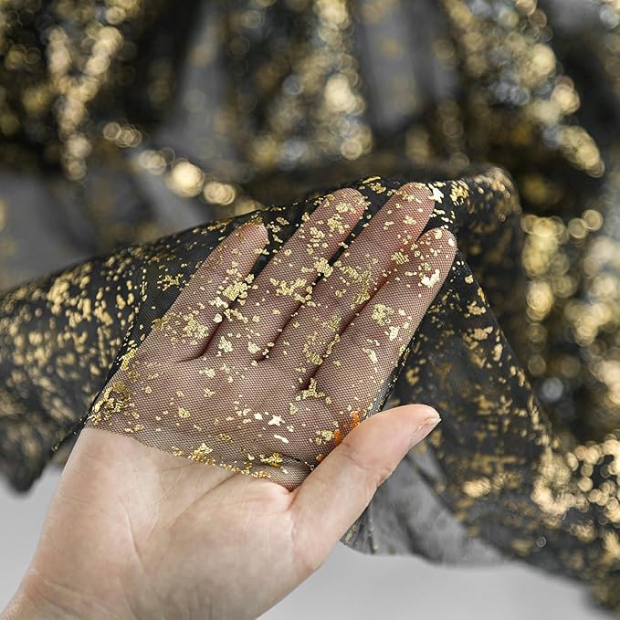 Artoid Mode 6Pcs Black Gold Gauze Table Runner 120 Inch 10FT, Glitter Metallic Foil Sheer Dining Wedding Anniversary Holiday Birthday Table Decor for Home Party