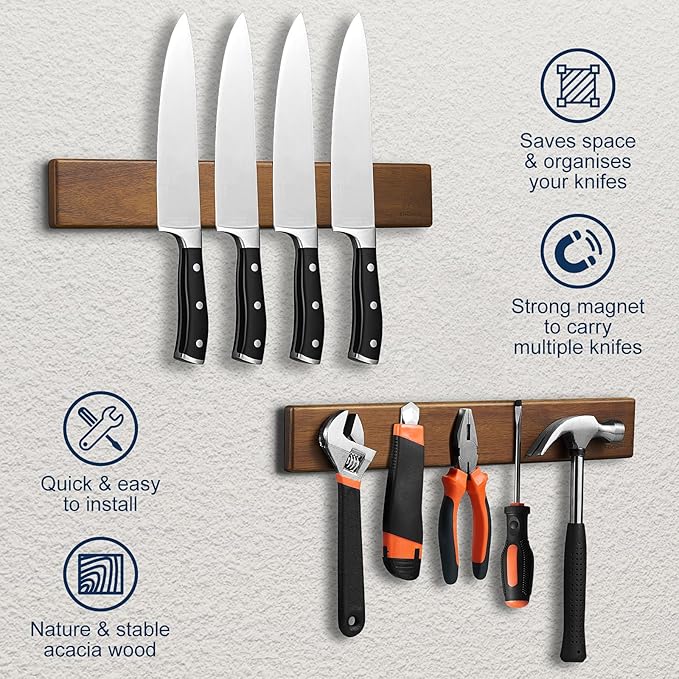 ENOKING Magnetic Knife Holder for Wall, Knife Magnetic Strip No Drilling 16 Inch, Powerful Kitchen Knife Magnetic Holder, Acacia Wood Knife Magnet for Kitchen Utensil Organizer with 4 Hooks