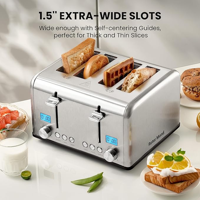 Roter Mond Countdown Stainless Steel 4 Slice Toaster with Bagel, Defrost, Cancel Function, Dual Toaster, Extra Wide Slots, 6 Shade Settings, Removable Crumb Trays, 1650W