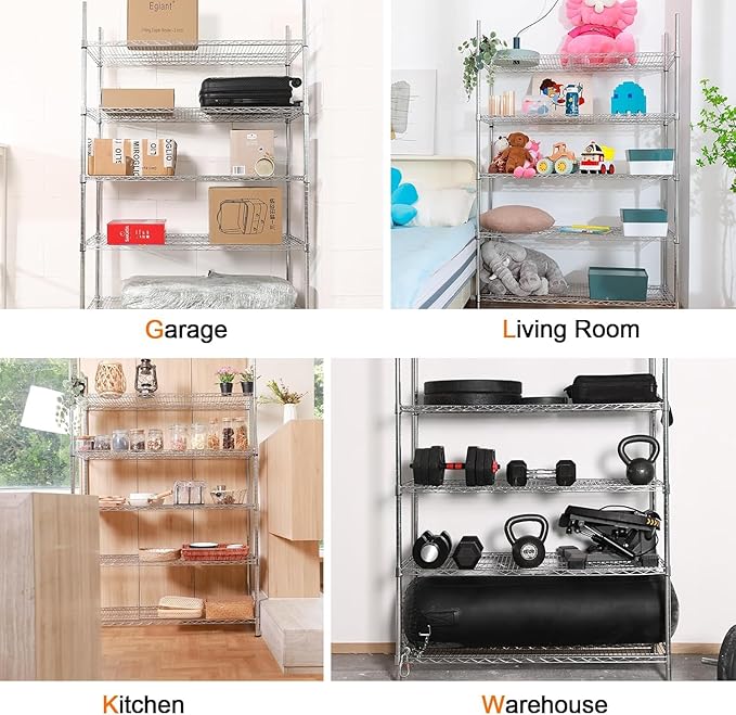 Land Guard 5 Tier Adjustable Metal Storage Shelves Heavy Duty, Chrome Garage Storage Racks and Shelving with 350 Pounds Per, Wire Shelves for Closets, Repository, Kitchen (5-Tier, 72" H×48“L×16”W)